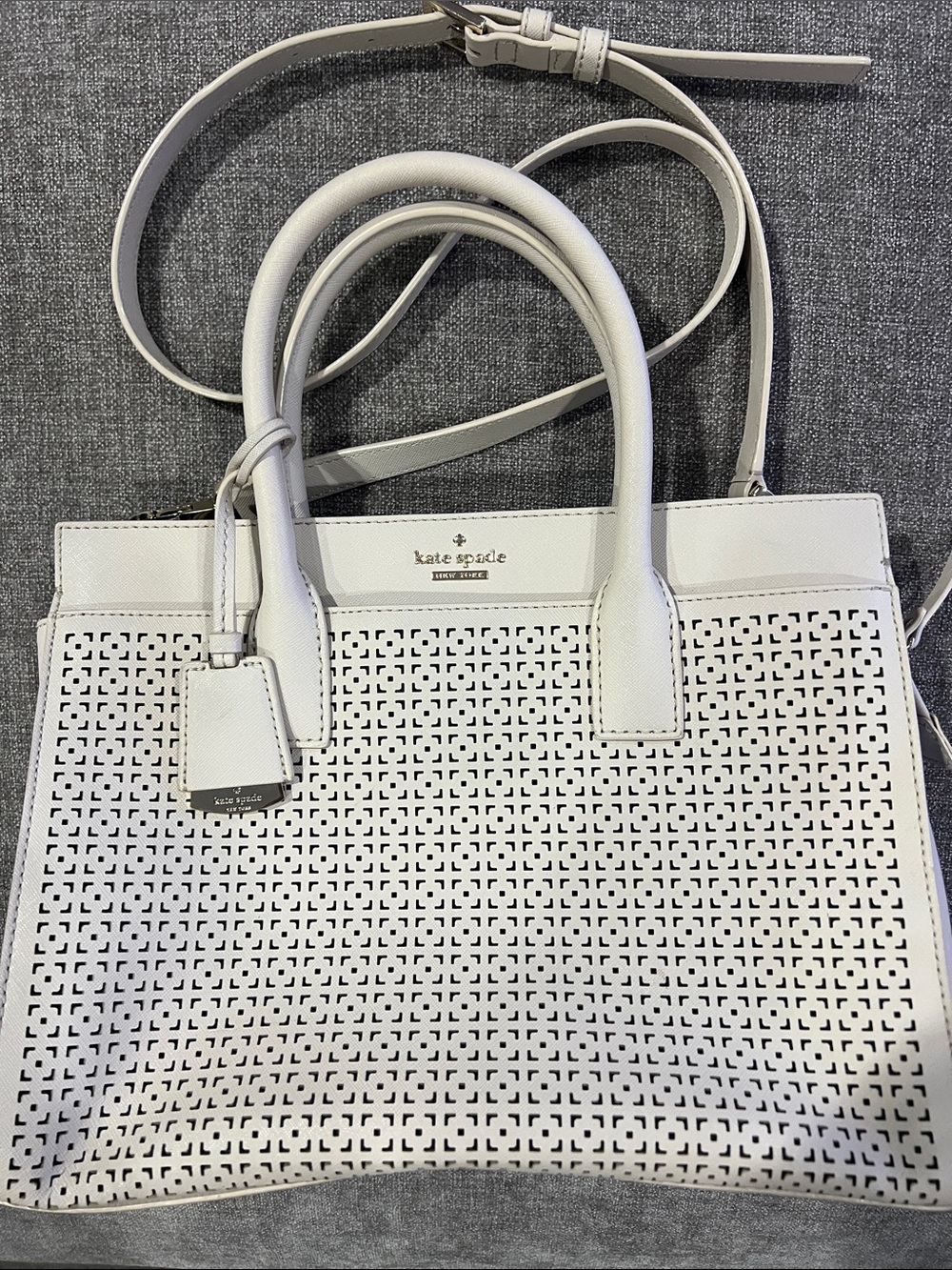 kate spade white perforated leather tote with detachable strap